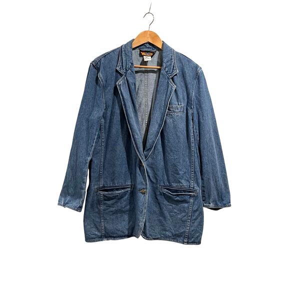 Baccini Denim Blazer Size 14 Vintage 90s Cotton Jacket One Button Long Line - Picture 1 of 12